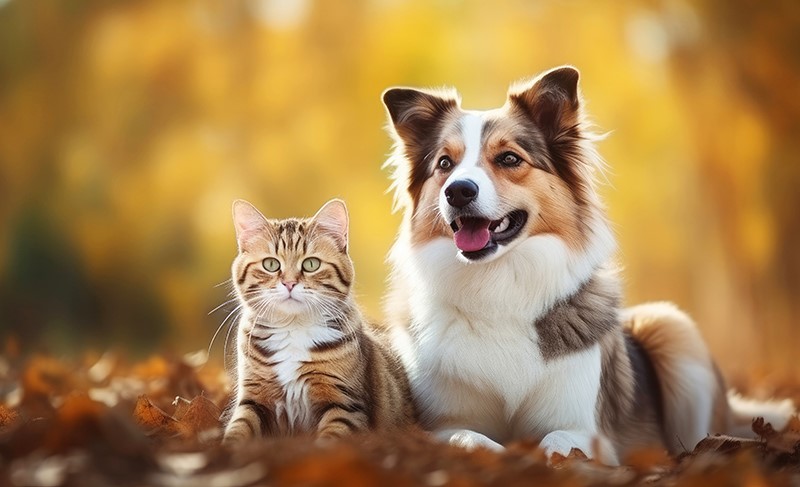 Dog and Cat Sitting in Fall Leaves