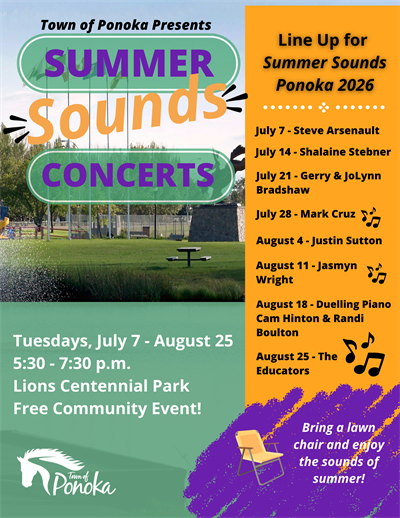 Town of Ponoka Summer Sounds 2026 poster with July and August lineup